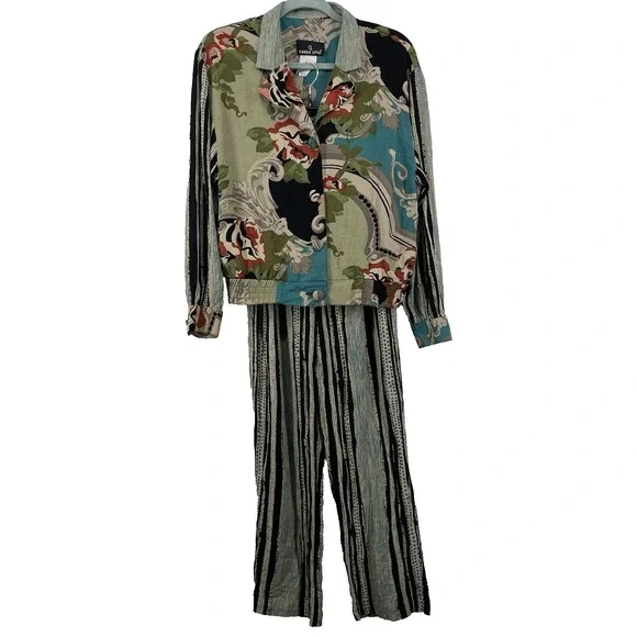 Carole Little Vintage Size Medium Two Piece Set Jacket Pants Floral Geometric - Picture 1 of 8